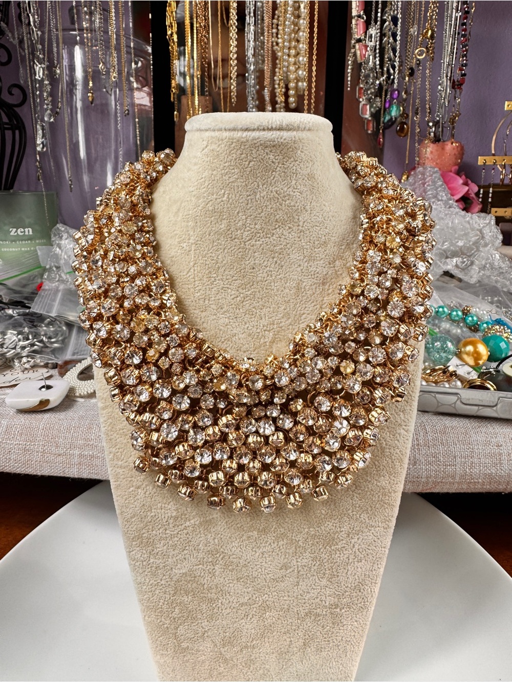 Natasha Couture Gold Crystal Cluster Collar Necklace